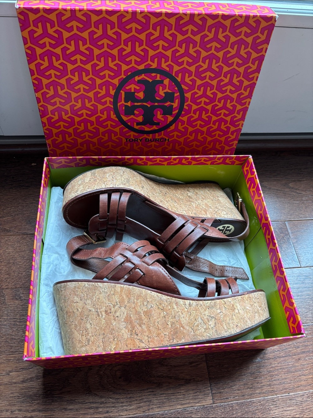Tory Burch Brown Leather Cork Wedge Sandals - Picture 2 of 9